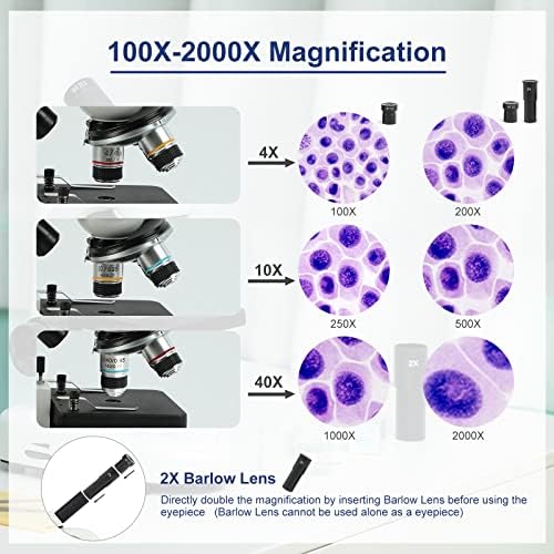 Microscópio de lamula-óptica para adultos para crianças estudantes, microscópios 100x-2000x, iluminação de LED dual de corpo metal,