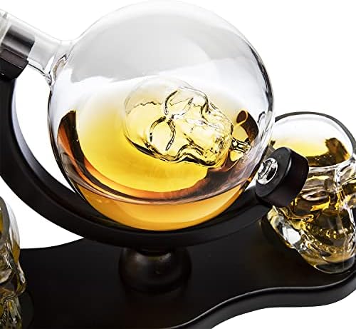 Skull Skeleton Wine & Whiskey Globe Decanter Conjunto - 850 ml com 2 Esqueletos de Skull Skelets + copos + mogno base