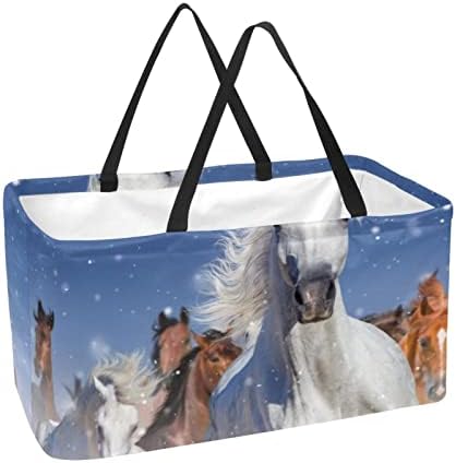 Cesta de compras reutilizáveis ​​Um cavalo correndo na neve portátil dobrável piquenique sacolas bolsas de cesta de cestas