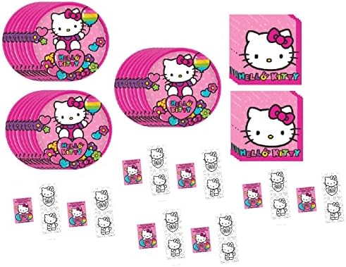 AMSCAN Hello Kitty Festa de festas de aniversário Pacote Inclui 24 placas de papel de sobremesas, 32 guardanapos de bolo de bebida, 16 mini almofadas de atividade