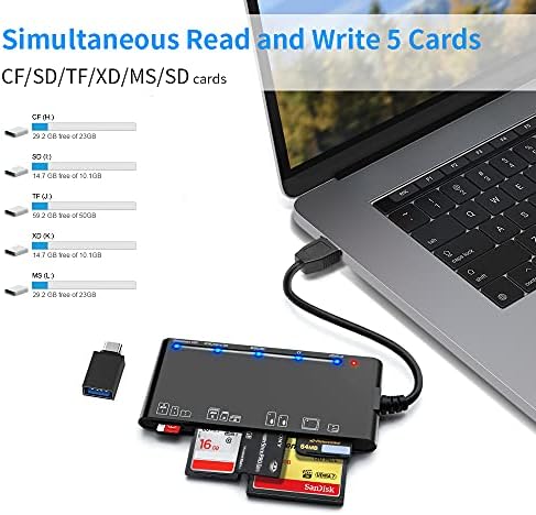 Card Reader USB 3.0 com adaptador USB-C, 7 em 1 leitor de cartões de memória, USB 3.0 de alta velocidade CF/SD/TF/XD/MS/Micro
