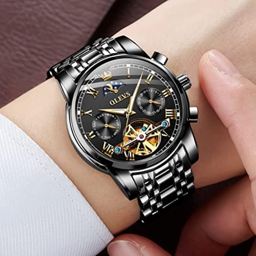 OLEVS Mens relógios automáticos esqueleto Tourbillon Mechanical Self Winding Luxury Fashion Dress Watch Watch Data da fase do
