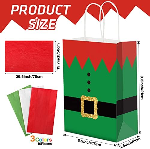 16 PCS Bolsas de Natal Bolsas de presente Elfos de Natal Terne Prip Treat Sacors de festa de Natal com papel de papel