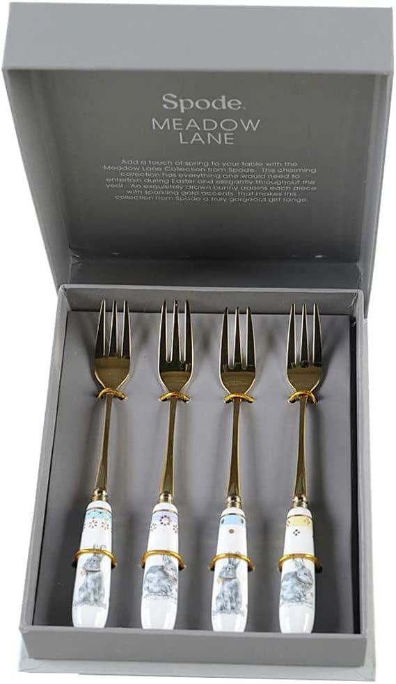 Spode Meadow Lane Collection Forks, conjunto de 4, garfo de aço inoxidável, alça de porcelana, salada de 6 polegadas, espaguete,