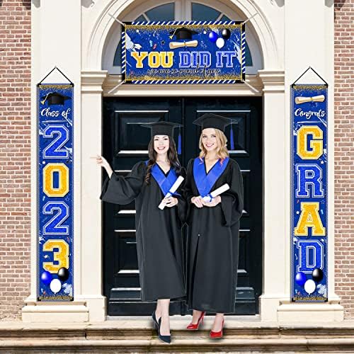 Decorações de graduação Classe de 2023 Banner de porta azul e dourada Conjunto incluem a classe de 2023 Banner de graduação