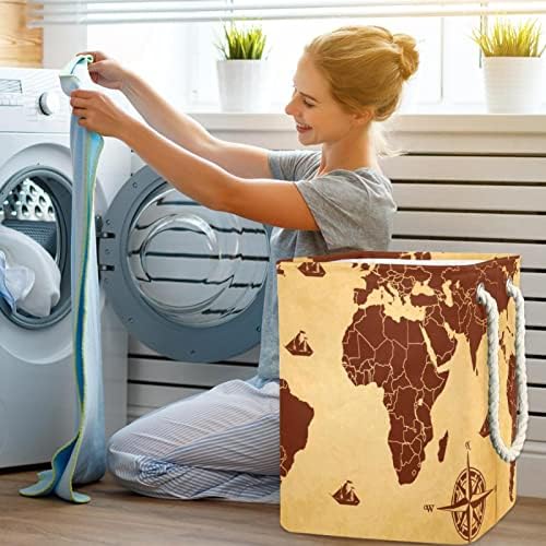 Mapa mundial Brown Compass Laundry Basket Storage Sacos embutidos com suportes destacáveis ​​cesto de roupa dobrável para brinquedos organização de roupas