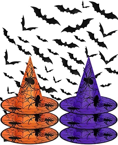 6 PCs Halloween Witch Hats com 60 PCs 3D morcegos ou adesivo de aranha, acessório de fantasia de bruxa para decoração externa interna de Halloween