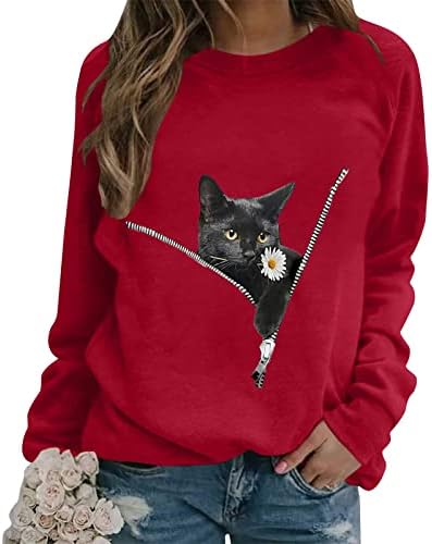 Tops de estampa de animal para mulheres engraçadas Blusa de pulôver fofa Retro 3D Zipper Black Gato Camisa de manga