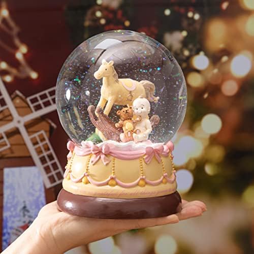 Juniland Musical Snow Globe para menina, Globo de neve de tamanho grande com efeitos leves e cavalo de balanço em movimento, Globe