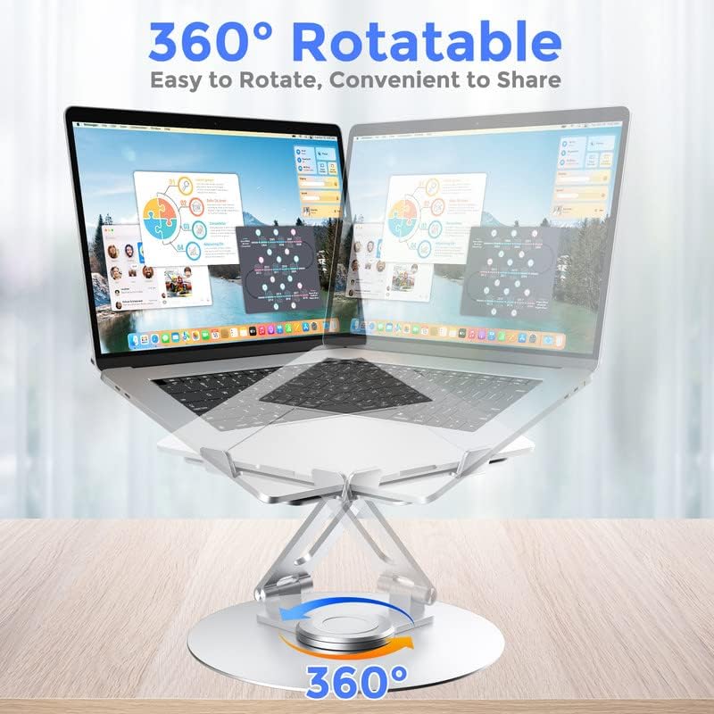 Laptop giratório Stand para mesa, suporte de computador de alumínio ajustável com base rotativa 360, riser ergonômico dobrável,
