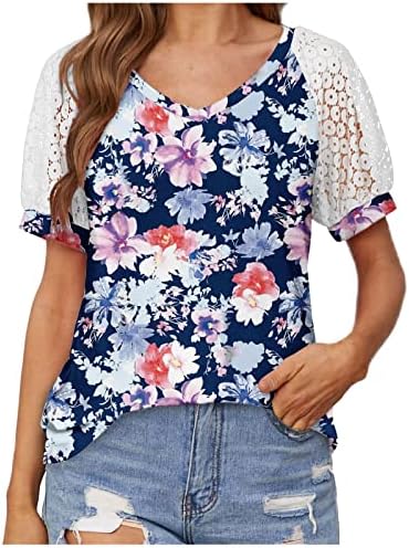 Mulheres atléticas feminino renda de renda de manga curta Bloups V Camise de pescoço Tops casuais casuais camisa curta