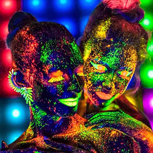 CokoHappy UV e Black Light Face e Body Neon Fluorescent Paint Kit, 12 cores brilham no pigmento escuro em pó com todos os acessórios incluídos