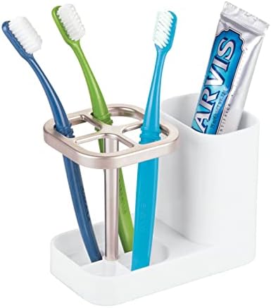 Mdesign Plástico Organizador de armazenamento de dentes de dentes com copo para banheiro, vaidade, espaço de bancada - segura escovas, pasta de dente, fio dental, acessórios dentários - branco/cetim