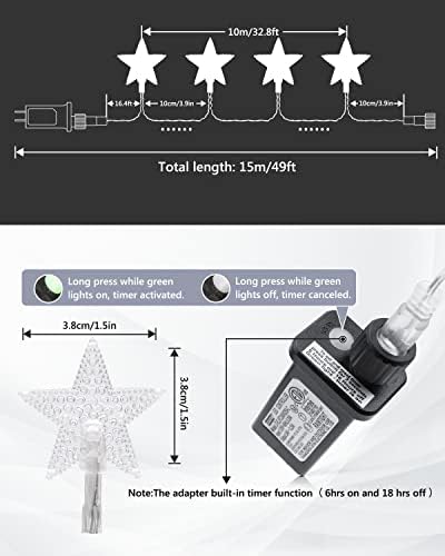 Luzes de corda de estrela de Flacchi Branco 100 LED 33 pés Luzes de luzes do timer plug in Fairy Lights 8 Modos Impermeadáveis