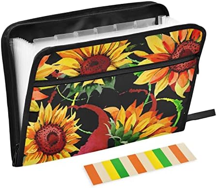 Black Sunflowers Accordion File Pasta Organizador de arquivos com 13 bolsos separados Rótulos A4 Tamanho da letra Organizador de documentos portáteis para viagens de escritório em sala de aula