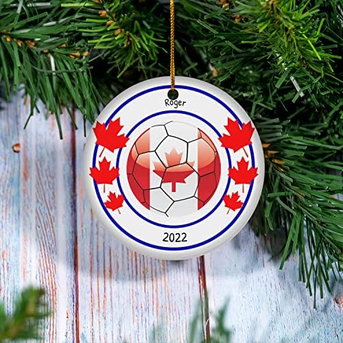 Ornamentos redondos personalizados de futebol e cerâmica de bandeira, decorações de Natal com folhas de bordo de bandeira do Canadá