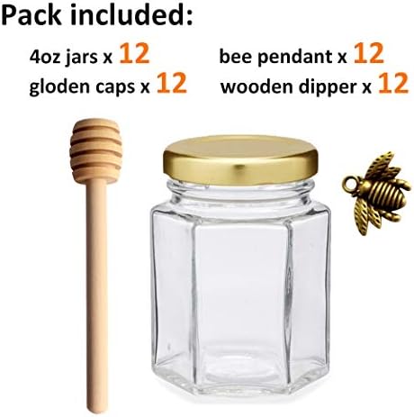ADABOCUTE 4oz de frascos de mel hexagonal - frascos de mel de vidro com tampas douradas, mergulhadores de madeira, encantos e jutas de abelha - potes de mel hexagon para chá de bebê, casamento e festa, 12 pacote