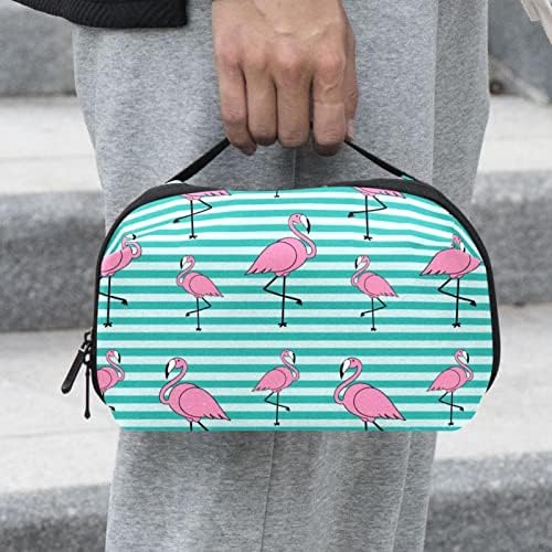 Organizador eletrônico de listras azuis do padrão de flamingo rosa, caixa de proteção à prova de choque, bolsa de sacola de organizador