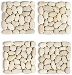 Idéias de design conjunto de montanhas -russas de praia, azulejos naturais de pedra do rio, 3,9 x 3,9 quadrado, conjunto de 4, branco