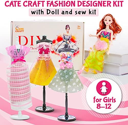 Cate Kit de designer de moda artesanal com boneca e kit de costura para meninas de 8 a 12 anos-Aprendendo brinquedos, criatividade DIY Artes e ofícios, roupas e acessórios de boneca, presente de aniversário.