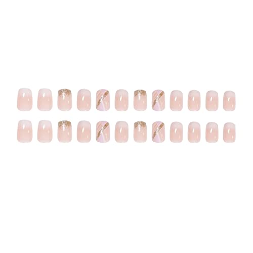 24 PCs Nude Pink Press On Nails Medium Unhas Falsas Gradiente French Tip False unhas com cola de linhas geométricas cola de glitter