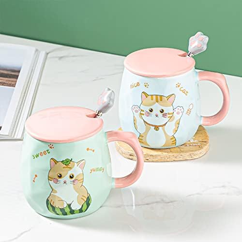 Hoejtol Cara de gato fofo ， Cerâmica de alta qualidade ， Segurança de alta temperatura ， 14 oz com tampa 3D e colher ，