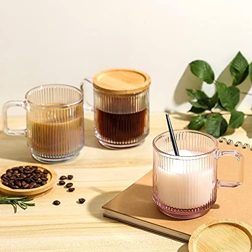 Caneca de café de vidro iridescente de Lysenn com tampa - listras verticais clássicas premium xícara de chá de vidro - para | LATTE | CHEVER | CHOCOLOPELHO | JULHO | ÁGUA | - Aflogio - tampa de bambu - 12,5 onças