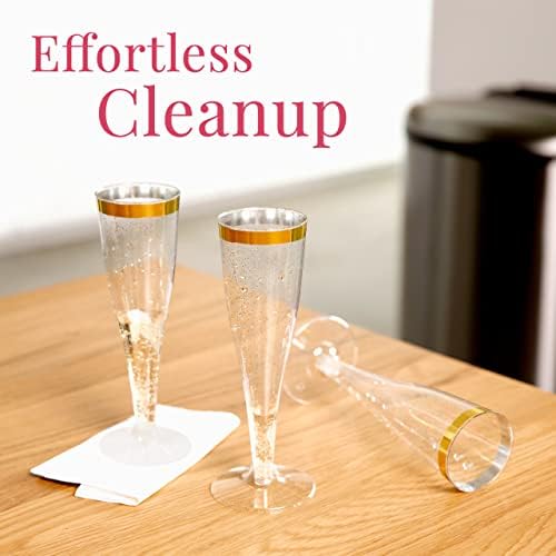 24 flautas de champanhe plástico descartáveis ​​| Gold Rim Gold Glitter Glitter Plastic Champagne Glasses para festas