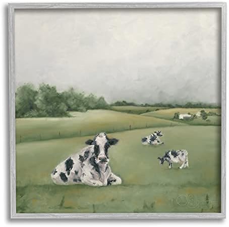 Stuell Industries, vacas leiteiras pastando em fazendas de campo verdes, projetadas por Hollihocks Grey emoldurada arte de parede