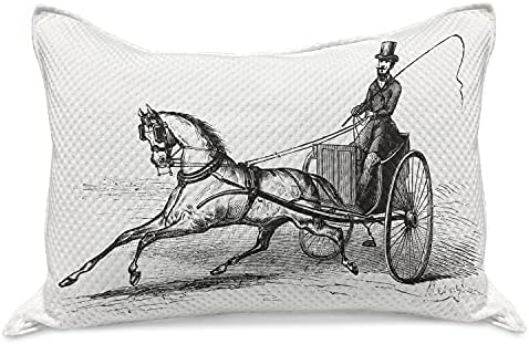Ambesonne Western Horse malha de malha de colcha de travesseiros, ilustração gravada antiga de carrinho de carruagem com 2 rodas, capa padrão de travesseiro de tamanho king para quarto, 36 x 20, cinza e branco de carvão e branco
