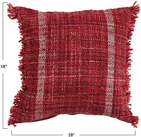 Creative Co-Op 18 Square Woven Blend Slub Pillow W/Stripes & Fringe, Borgonha