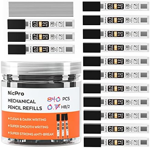 Nicpro 0,7 mm Art Metal Lápis mecânicos definidos em estojo de armazenamento com 840 PCs RECILLs de chumbo 0,7mm HB 2