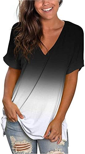 Tops femininos de manga curta Camiseta V Hollow out imprimindo tops gradiente casual camiseta de túnica solta para mulheres