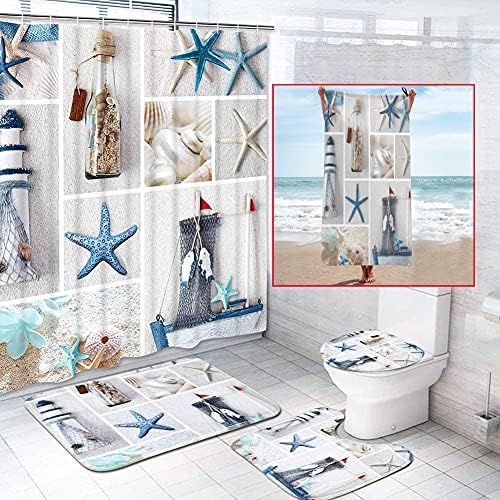 Yrigsun grande 5 PCs Náutico de cortina de chuveiro de praia com tapetes sem deslizamento, tampa da tampa do banheiro e tapete
