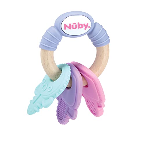 Chaves de madeira natural de madeira e silicone nuby, BPA grátis, 3m+, cores de menina