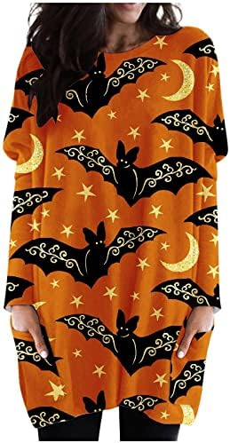 Camisolas longas da Zefotim para mulheres, senhoras Casual Casual 2022 Halloween camisa de manga comprida Blusa de primeira linha com bolso com bolso