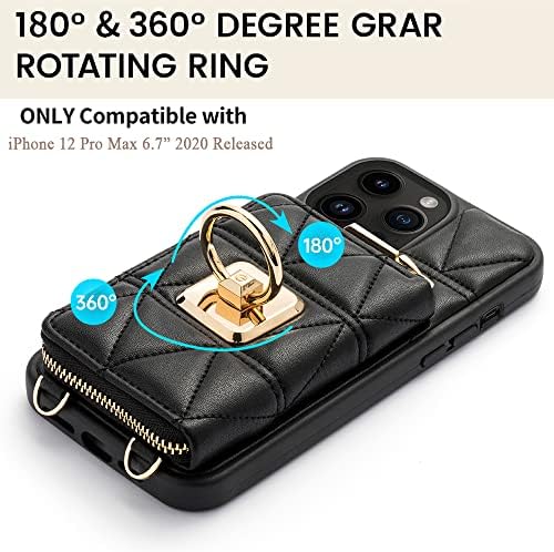 Custype Compatível com a carteira do iPhone 12 Pro Max Case com suporte para cartão, 360 anel de rotação [suporte de duas vias], estojo de carteira com zíper de couro com cinta de crossbody para iPhone 12 Pro Max, 6,7 polegadas, preto