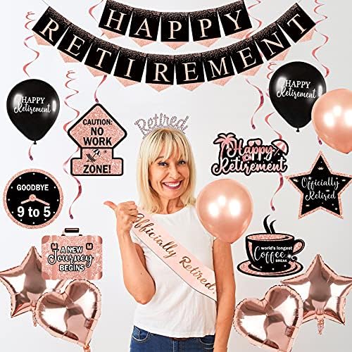 Decorações de festas de aposentadoria para mulheres, Rose Gold Happy Retirement Banner, Remoperação de aposentadoria, faixa