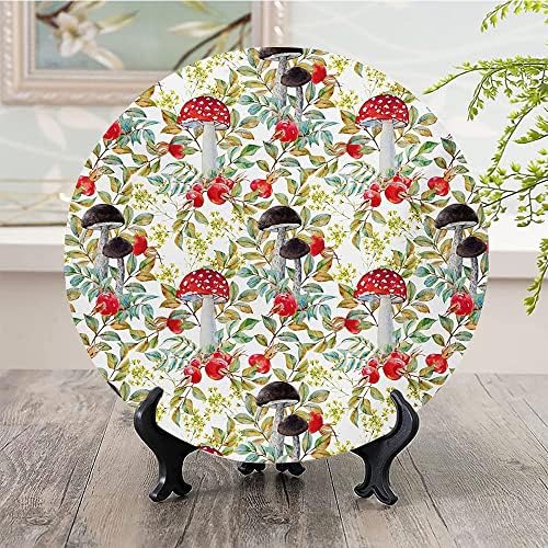 Placas de cerâmica Ligutars, placas de cerâmica decorativa em aquarela, dogrose e cogumelos desenhados à mão, folhas de outono, 7 polegadas, para refeições, festas, casamento, multicoloria