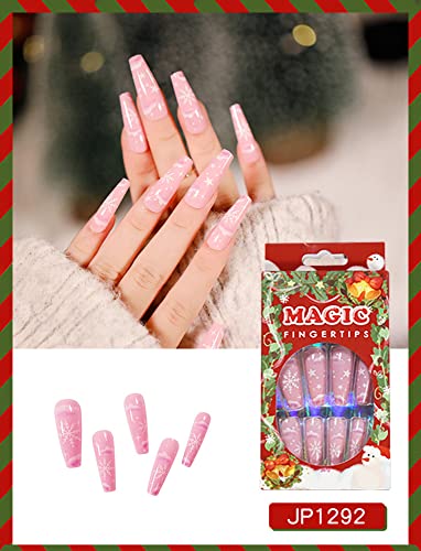 Pink Star Cloud Coffin Pressione unhas para mulheres meninas Ballerina longa Natal Floco de neve brilhante UV Terminado capa completa
