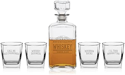 Decantações de Whisky, denominados itens de casa e de bares de barra de barra de barro, conjunto de 5 peças, médio, transparente