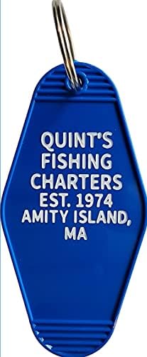 Charters de pesca do Jaws Quint - Amity Island Shark Cunting Culture Culture Inspired Key Tag Keychain
