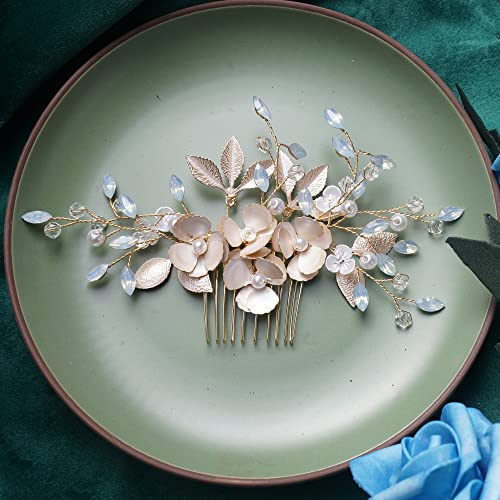 Beryohz Opal Crystal Rose Gold Wedding Clip Rhinestone Bridal Comb Barrette - Peças de cabeça de clipe de flores artesanais para mulheres