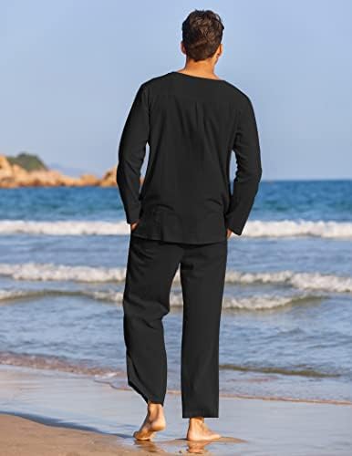 Coofandy masculino de linho de algodão de 2 peças de algodão Henley Manga longa e calça de praia casual Roupas de ioga de verão