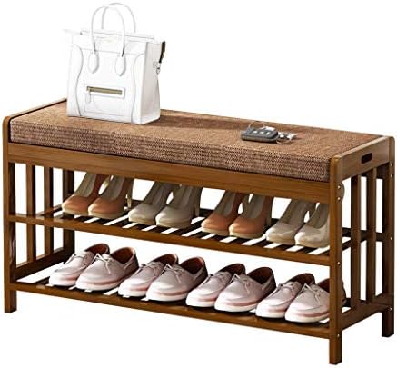 KMMK Banco de sapatos de 2 camadas do KMMK | Rack de sapatos de madeira sólida com almofada de assento removível marrom | Bamboo portátil