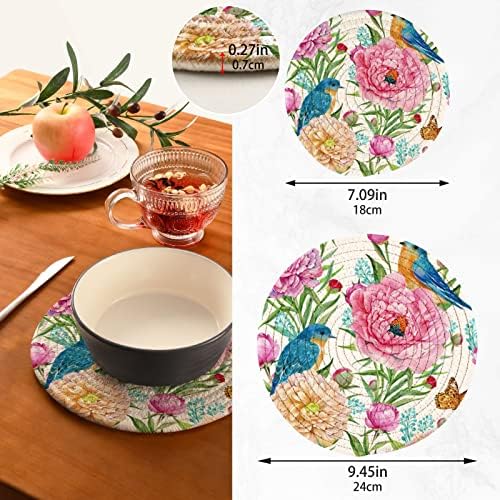 Flores Birds Trivets Para Placos Hot Pote Setents Desenging de 2 peças Pads quentes para algodão de cozinha TRIVETS ROUNTES