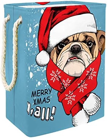 Indicultura de lavanderia cesto de bulldog no chapéu de Papai Noel e cachecol vermelho colapsível cestas de lavanderia