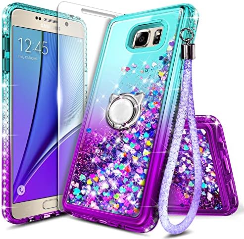 Caso E-Began para Samsung Galaxy Note 5 com protetor de tela de vidro temperado, suporte do anel/pulseira, brilho que flui líquido meninas duráveis ​​para meninas garotas fofas