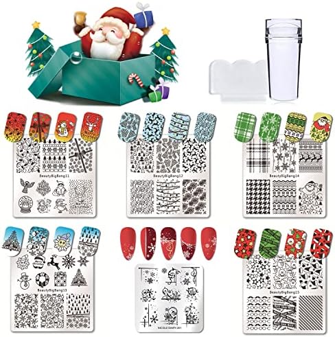 Placas de estampagem de unhas de Natal de 6pcs, kit de modelo de moda de estamplas de neve de flocos de neve de inverno