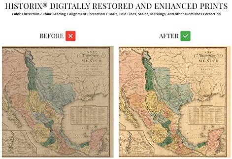 Historix vintage 1846 Estados Unidos do México Poster - 18x24 polegadas mapa vintage da arte da parede do México - Avanos Estados Unidos do México Mapa de parede - mapa de mexico - mapa histórico dos estados do México
